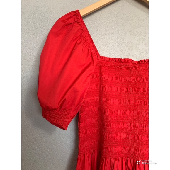 Madewell Cerise Red Smocked Puff Sleeve Dress in Poplin Size Small NWT - Picture 5 of 17